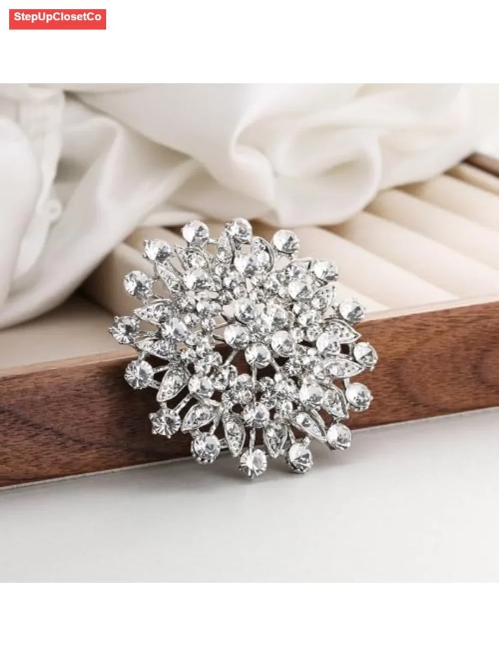 Flower Leaf Crystal Brooch Pin Bridal Corsage 2.5